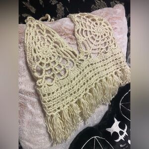 Crochet Spiderweb halter style Top with Tassels , Cottage  Goth Style